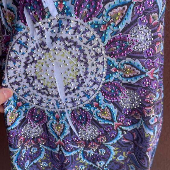 Y2K Purple/Blue Americana Tattoo Art Block Print Bedazled Mandala Mini Dress - Picture 4 of 8